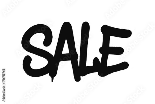 Sale graffiti lettering text. Urban street art spray paint tag. Black aerosol word on white background. Isolated hand drawn textured illustration with drips. Stencil font design.