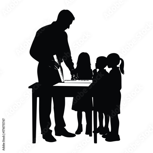 Teacher instructing children at desk classroom learning