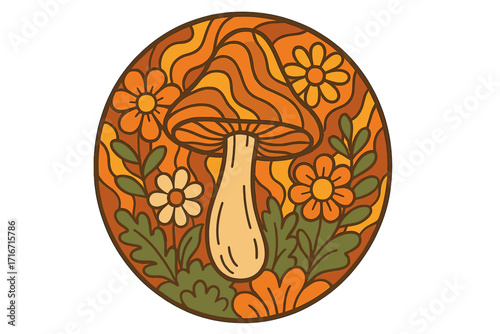 Round abstract floral sticker with 1970s psychedelic groovy mushroom and flowers. Boho aesthetic poster in a vintage retro style. Hippie vibe vector graphic design.