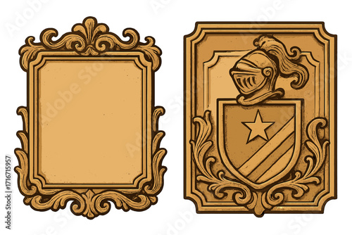 Set of vintage gold frames, coat of arms with knight helmet and shield. Ornate heraldic emblem. Medieval royal crest. Decorative antique plaque with copy space. Vector.