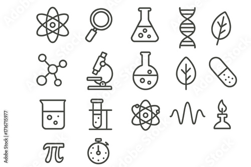 Science icons set – thin line editable stroke vectors for physics, chemistry, biology research, laboratory education, scientific experiment symbols and molecular biology elements