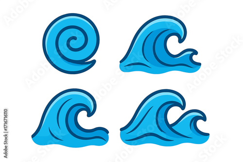 Cartoon wave icon set vector collection. Ocean, sea, and water symbols. Flat style swirl, spiral, surf, and splash graphic elements. Blue ripple and flow for summer design.