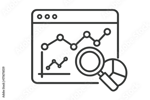 Web analytics icon for data analysis, statistics and business reports. Magnifying glass over a pie chart. Marketing research symbol for SEO or financial audit. Dashboard concept.