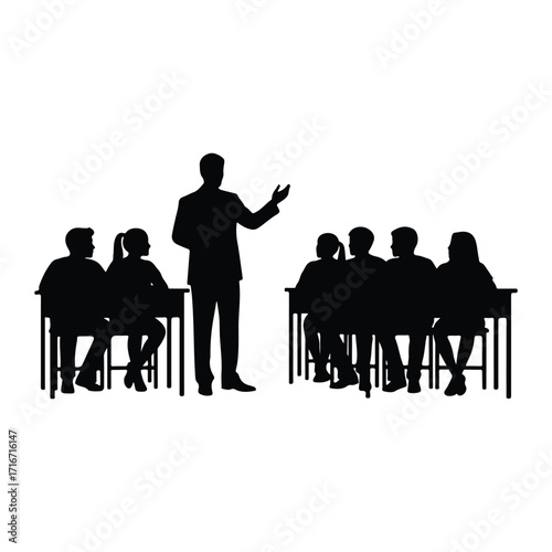 Teacher instructing students at desks classroom lecture