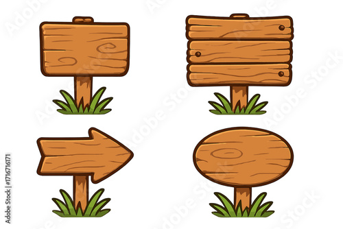 Cartoon wooden sign set vector illustration. Blank empty wood signboard, timber plank, arrow pointer signs. Rustic old guidepost, billboard, or nameplate with grass for game UI.