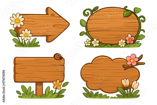 Set of cute wooden signboards. Cartoon spring collection with flowers, leaves, grass and ladybug. Blank rustic wood signs, banners and pointers. Vector illustration pack.