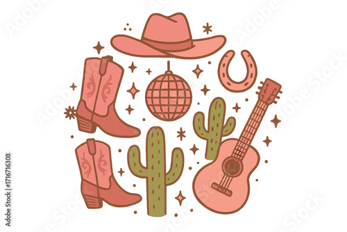 Retro female cowboy fashion elements in round shape with cowgirl boots, disco ball, hat, horseshoe, cactus, and guitar, pink western wild west theme, vintage hand drawn design