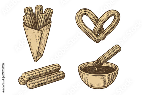 Hand-drawn vintage contour vector illustration of different shapes of churros with chocolate sauce, Mexican snack, churros sticks in paper bag, bowl with hot chocolate dip