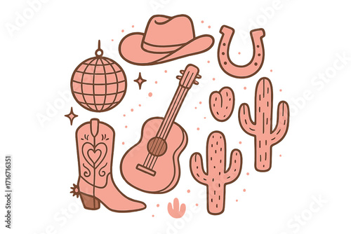 Retro female cowboy fashion elements in circular arrangement, pink cowgirl boots, disco ball, hat, horseshoe, guitar, cactus, wild west style western country design collection