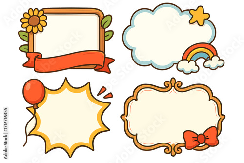 Vector collection of cute cartoon frames. Decorative borders with sunflower, cloud, and balloon for text. Kids label set. Comic speech bubble and vintage frame design.