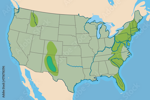 United States Map with Green Zones and Waterways Keywords: map, united states, north map of