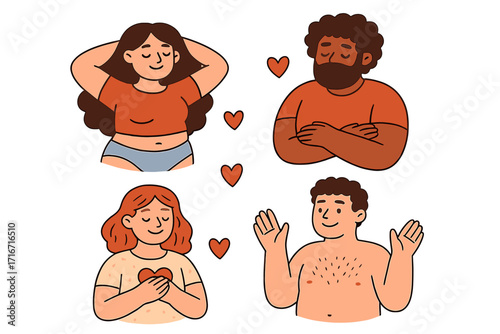 Set of diverse male and female stickers with motivational phrases and hearts, concept of body positivity, self-love, self-acceptance, inclusive flat hand-drawn illustration