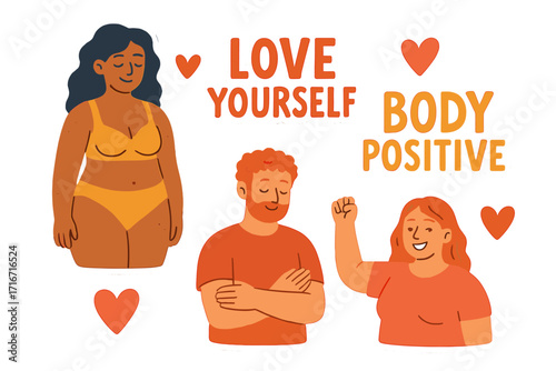 Body positivity and self-love stickers with diverse male and female characters, motivational phrases "Love Yourself" and hearts, concept of self-acceptance and confidence illustration