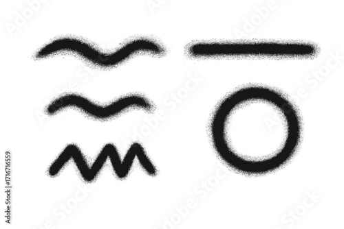 Set of grunge ink sprayed strokes waves line zigzag circle decoration lines with urban graffiti abstract elements collection spray textured vector isolated shapes for design