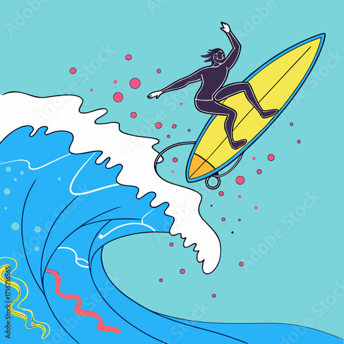 Surfer catching a wave on a colorful board.