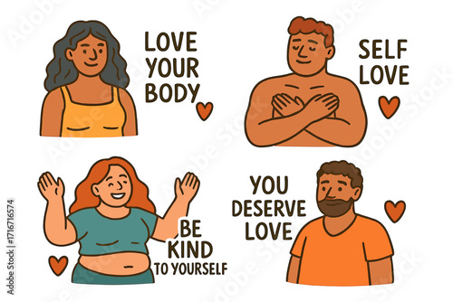 Set of motivational stickers with diverse men and women showing self love, body positivity, self acceptance, kind gestures and heart symbols, flat hand drawn illustration