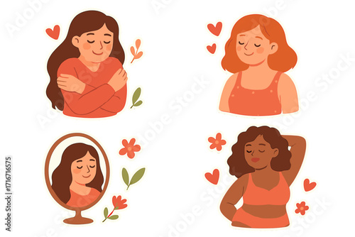 Set of self-love stickers with diverse female characters, romantic hearts, flowers, and calming elements on yellow background. Hand-drawn flat vector collection celebrating beauty and confidence