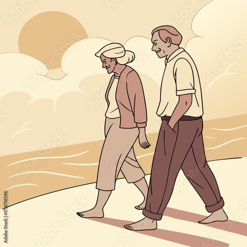 Elderly people walking barefoot on the sand at sunset.