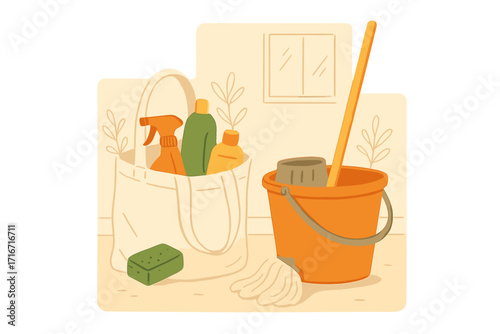 Spring cleaning supplies concept with eco-friendly bag filled with cleaning products, plastic bucket with mop, domestic hygiene items, home care essentials illustration