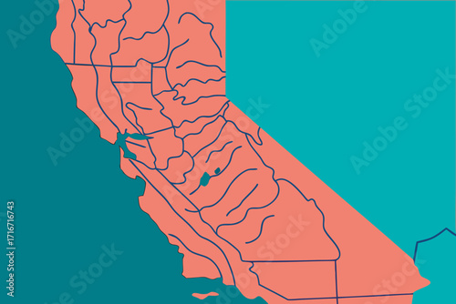 Abstract California Map with Bold Colors and Waterways state outline map of