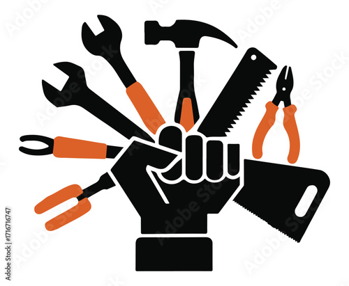 Hand Holding Tools Silhouette Vector, Construction, Repair, Carpenter, and Mechanic Equipment Icons