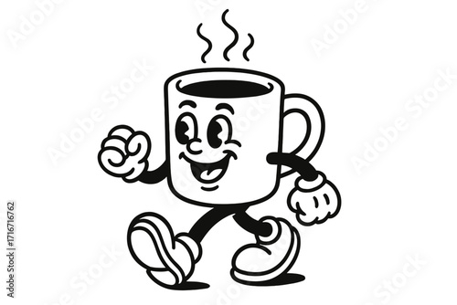 Vintage retro coffee cup character walking happily in the morning with steam rising, hand-drawn contour illustration, cheerful breakfast mood, smiling mug cartoon design