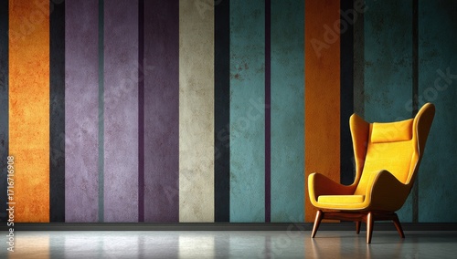 Fototapeta Naklejka Na Ścianę i Meble -  A stylish, mid-century modern armchair sits in a room with a textured, colorful striped wall.