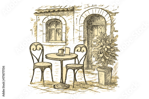 Hand-drawn vintage street cafe illustration with outdoor table, two wrought iron chairs, potted plant and arched door and window, old town architecture sketch for restaurant menu design