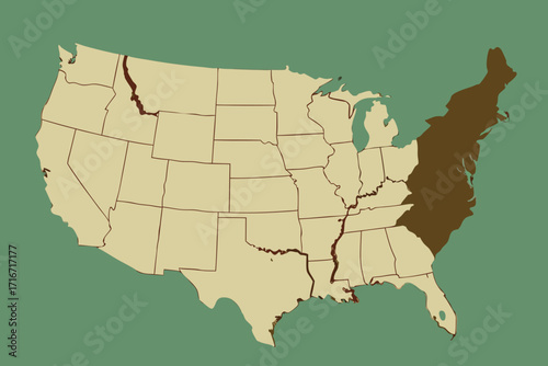 United States map with highlighted Eastern states and green map of background vector illustration