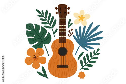 Tropical ukulele with vibrant hand-drawn leaves and colorful flowers, wooden acoustic guitar illustration, music instrument design, summer vibe poster, vector flat style