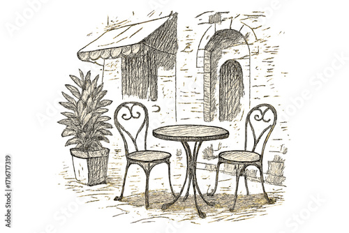 Hand-drawn vintage street cafe illustration with round table, wrought iron two chairs, potted plant, old town architecture background, outdoor restaurant sketch, cozy urban scene