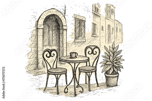 Vintage street cafe in old town sketch, hand-drawn outdoor cafe scene with round table, two ornate chairs, potted plant, rustic building facade, restaurant exterior design