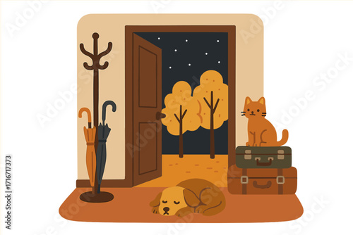 Cozy interior hallway with open door to starry night, coat rack with umbrellas, sleeping dog on floor, cat sitting on suitcases, yellow autumn trees outside, flat style vector illustration