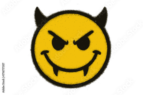 Urban graffiti spray paint devil smile emoticon with angry eyes and fangs, 90s-00s style airbrush textured vector illustration, isolated cartoon emoji with transparent background