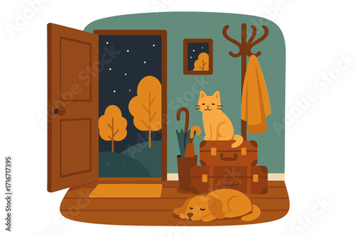 Cozy interior hallway with open door showing night sky and yellow trees, coat rack with umbrellas, sleeping dog on floor, cat sitting on stacked suitcases, flat style vector illustration