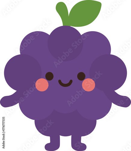 Charming and adorable cartoon illustration featuring a happy purple grape character with a cheerful smile, ideal for kid-friendly designs, healthy eating promotions, or playful fruit-themed content