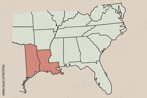Louisiana Highlighted Red on Southern US Map United States state map of