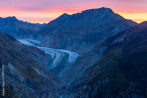 Great Aletsch glacier seen from belalp at twilight sunset or sunrise. It is the largest glacier of the European Alps. Switzerland