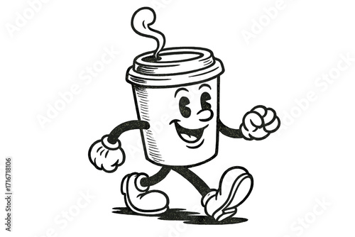 Vintage walking coffee cup mascot retro toons character with groovy "But first, coffee" text, 80s contour style, hand-drawn vector paper cup promo banner character design