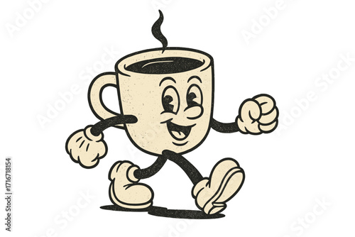 Vintage walking coffee cup mascot with groovy retro text “But first, coffee,” 80s style paper mug character, hand drawn vector illustration for promo banner design