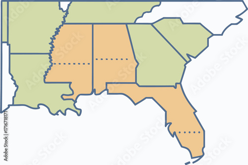 Southern US States with Color- Coded Regions united states southern states map of