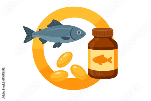 Fish oil omega-3 supplement concept with medication pills, live fish and bottle. Vitamin intake and nutrition support for health and diet supply in colorful circle design