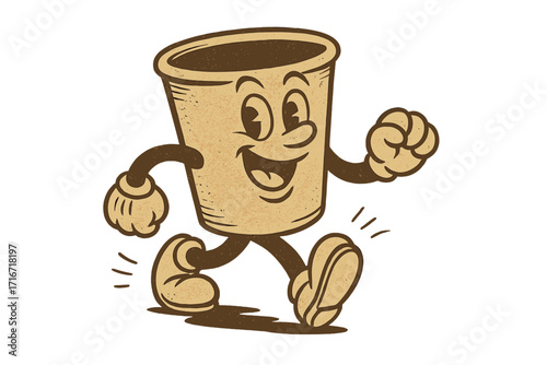Vintage cartoon walking coffee cup mascot with groovy text "But first, coffee", retro paper mug character in 80s contour style, hand drawn vector, promotional banner template