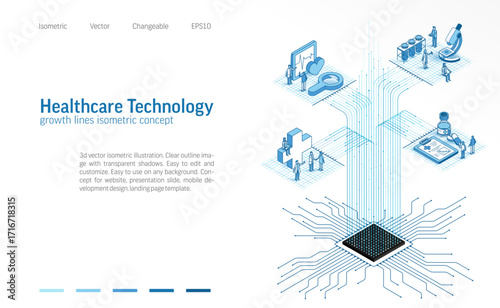 Health care, medical AI technology. Isometric line icon illustration. Digital data growth, business people teamwork concept. Healthcare system process, chip connection 3d vector background design.
