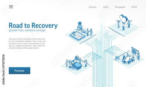 Road to recovery. Health care, medical isometric line icon illustration. Treatment journey. Doctor, nurse and patient teamwork concept. Healthcare system process, growth 3d vector background design.