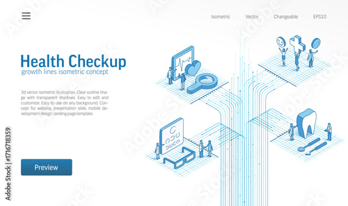 Health checkup. Medical isometric line icon illustration. Check up journey with eye exam, dental care, cardiology consultation. Teamwork concept. Healthcare system growth 3d vector background design.