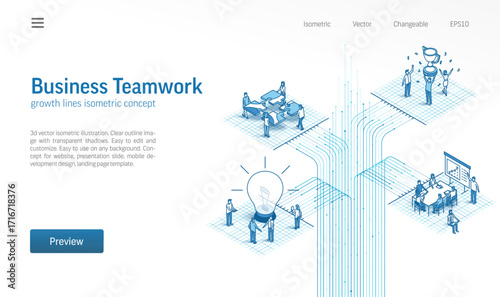Office work process, partner meeting isometric line icon illustration. Digital technology, people teamwork, data growth 3d vector design concept. Business team communication system background.