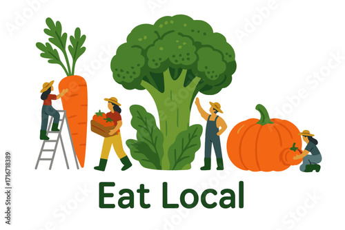 Vegetable farm market poster with small people harvesting giant fresh organic vegetables, natural healthy food concept, local produce for grocery market, online store, delivery