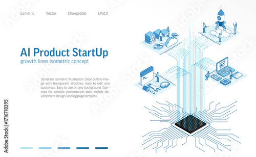 AI Product startup isometric line icon illustration. Digital data growth, business people teamwork concept. Start up system process, chip connection background. Innovation development 3d vector design