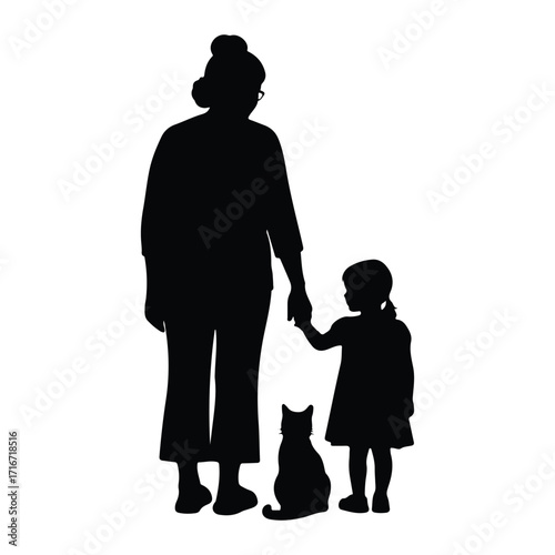 Woman child cat holding hands silhouette girl